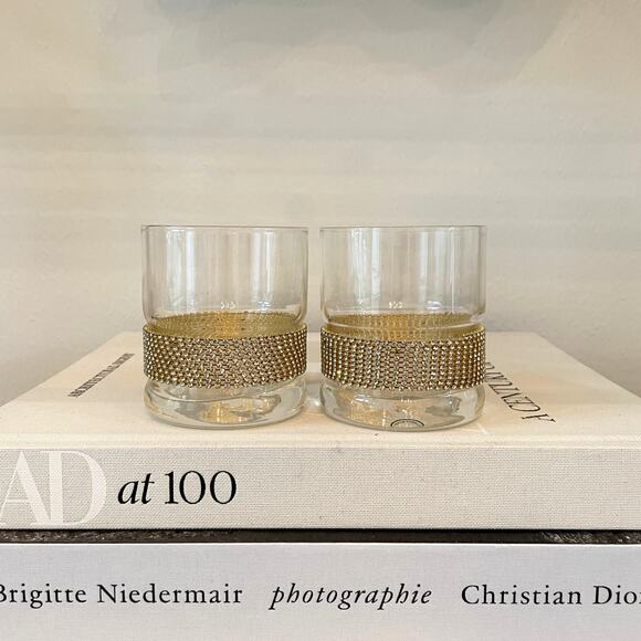 Old Fashioned Whiskey Glass w/ Gold Rhinestone Band Stemless Wine Set of 2 NEW - Picture 1 of 10